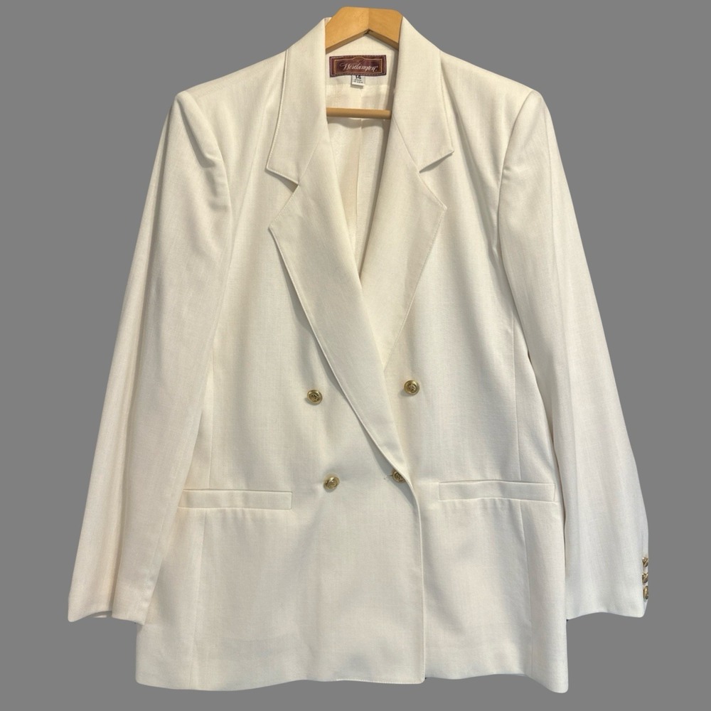 VTG 90s Worthington Double Breasted Blazer Size 14 Cream Gold Buttons Old‎ Money